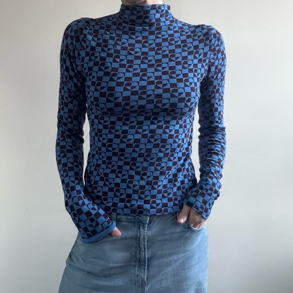 Blue Checkered Mock neck